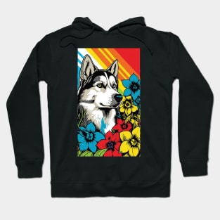 Husky Dog Vibrant Tropical Flower Tall Retro Vintage Digital Pop Art Portrait 4 Hoodie